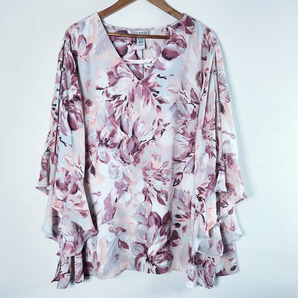 Catherines Womens White Pink Floral Flutter Sleeve Flowy Blouse Size 3X 26/28